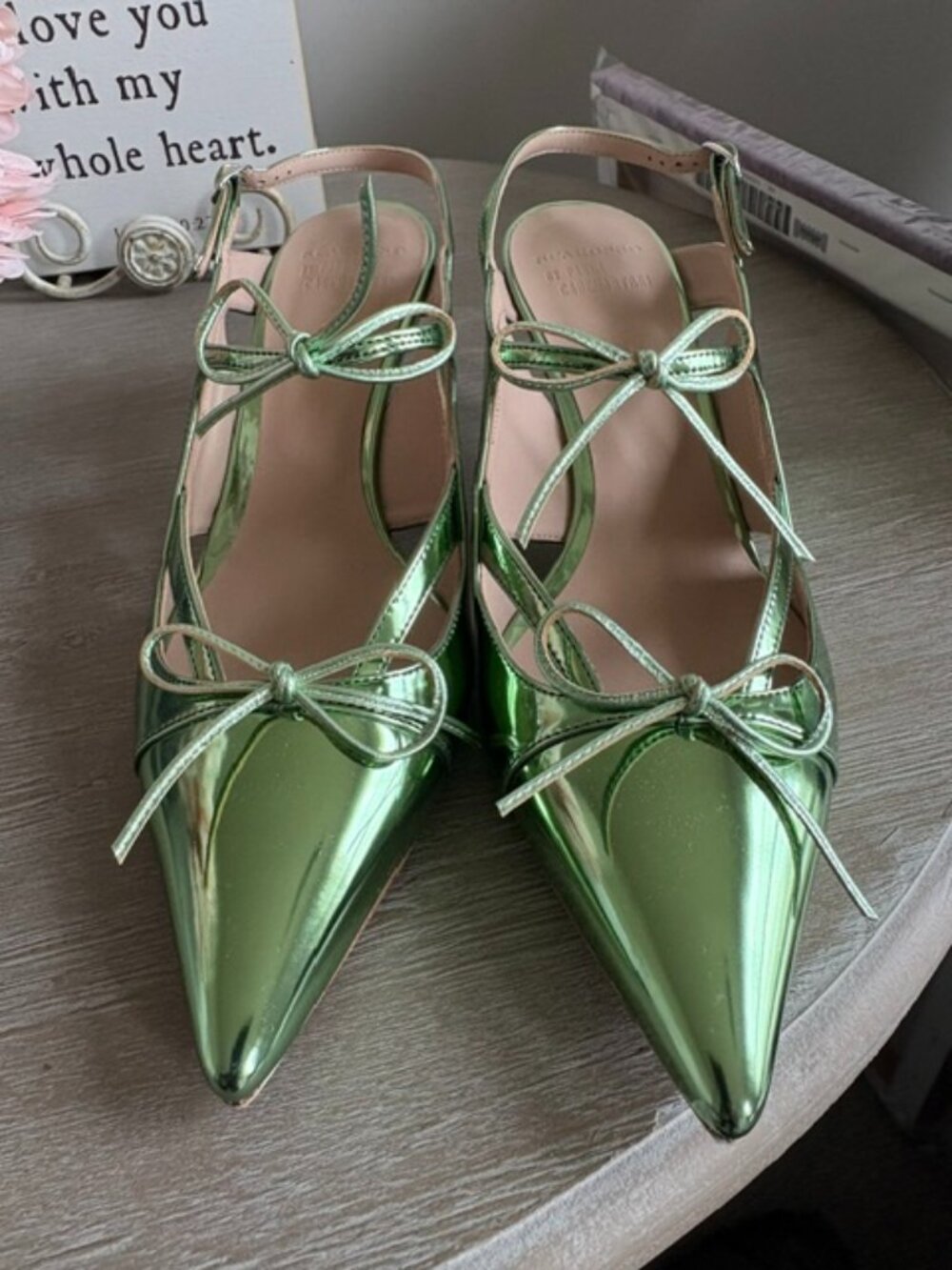 Green Patent sling back kitten heels
